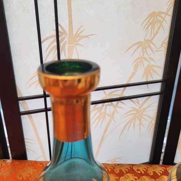 Set of 2 60s MCM Bohemian Decanters Cobalt Blue & Brown w/ Gold Gilt - Picture 4 of 6